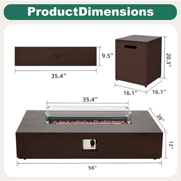 56 in. 50.000 BTU Iron Propane Outdoor Fire Pit Table with Tank Table and Glass Wind Guard