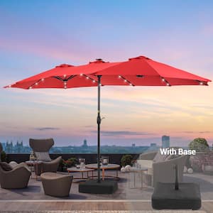 15 ft. x 9 ft. Outdoor Double-sided Market Umbrella Solar LED with Tilt Function Patio Umbrella in Chili Red