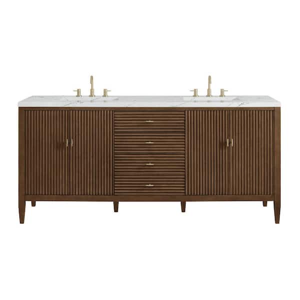 James Martin Vanities Myrrin 72.0 in. W x 23.5 in. D x 34.06 in. H Double Bath Vanity in Mid-Century Walnut with Ethereal Noctis Quartz Top
