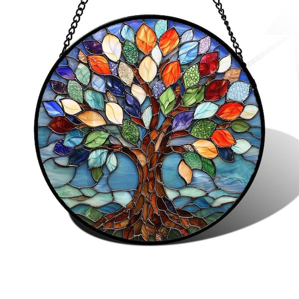 Angel Sar 7.8 in. Stained Glass Sun Catcher, Blue Tree of Life