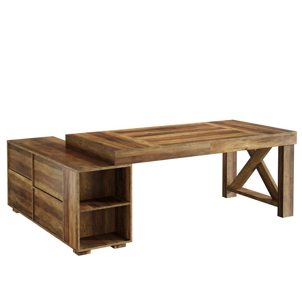 Capen 63 in. L-Shaped Brown Wood Executive Desk with Storage Cabinet Farmhouse Business Desk for Home Office