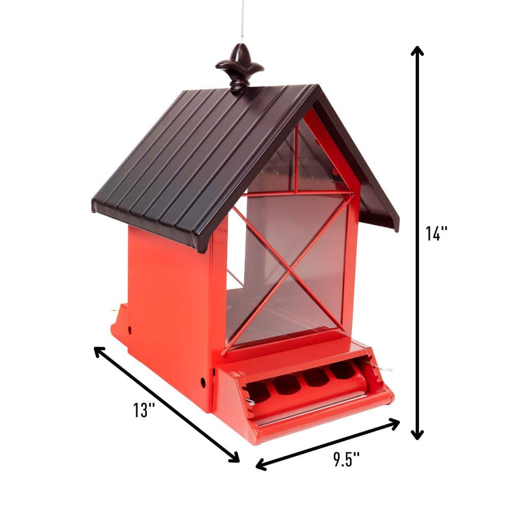 Red and Black Metal Squirrel Resistant Hanging Hopper Feeder