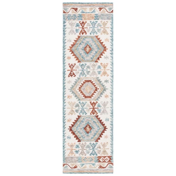 SAFAVIEH Micro-Loop Ivory/Blue 2 ft. x 8 ft. Native American Runner Rug