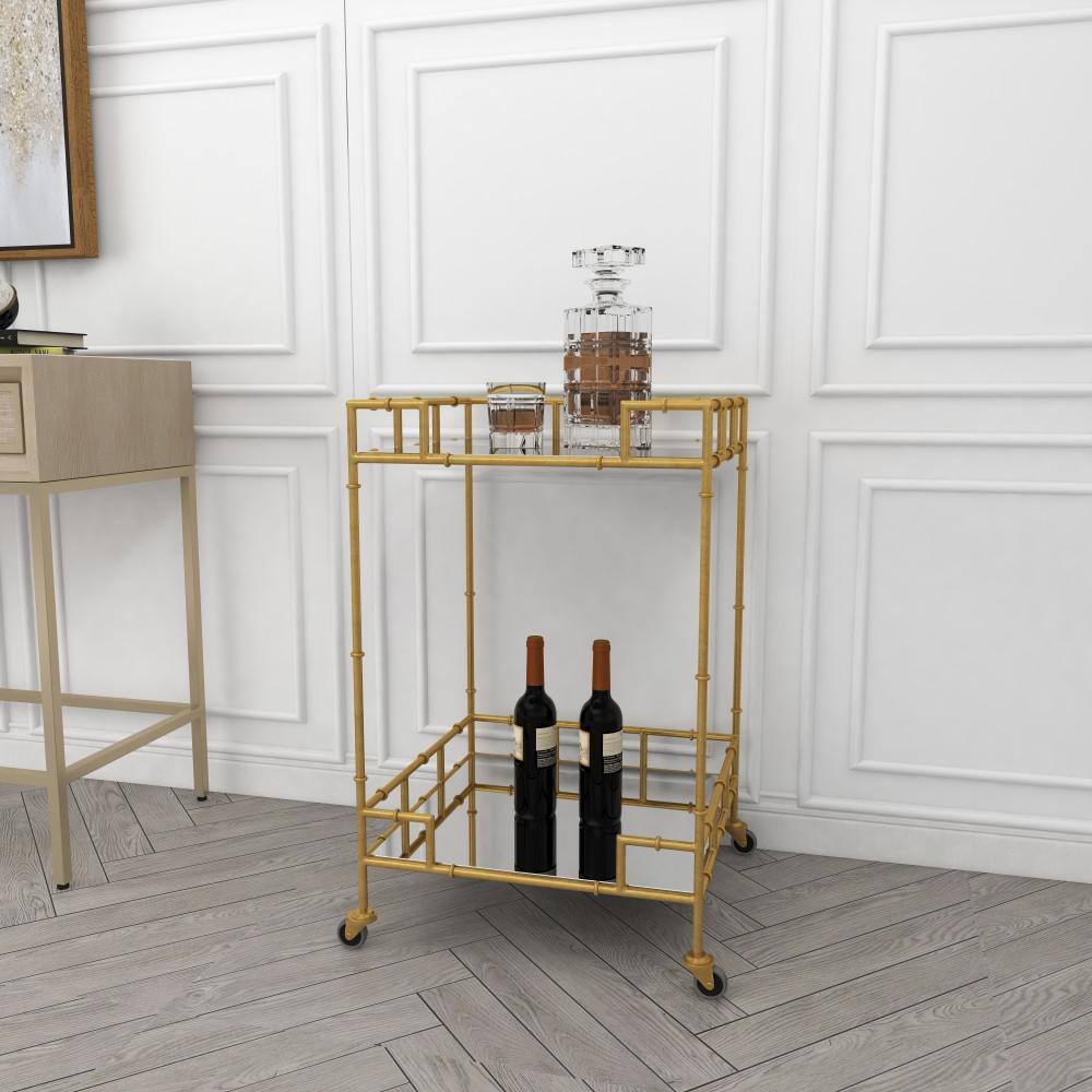 Gold Square Metal Bar Cart with Mirrored Shelves