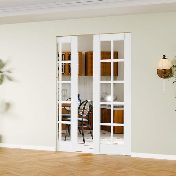 TENONER 48 in. x 80 in. 10-lite, Clear Glass, Solid Core, DIY Painted, White Primed, MDF Sliding Door with All Hardware