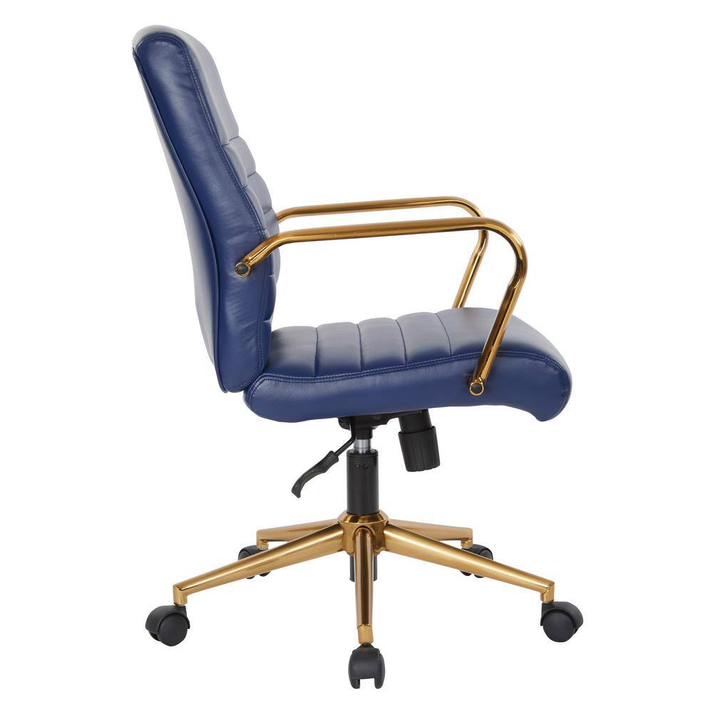 Baldwin Navy Faux Leather Mid-Back Swivel Chair with Gold Accents