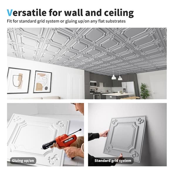 Art3dwallpanels Silver 2 ft. x 2 ft. Decorative Drop Ceiling Tiles ...