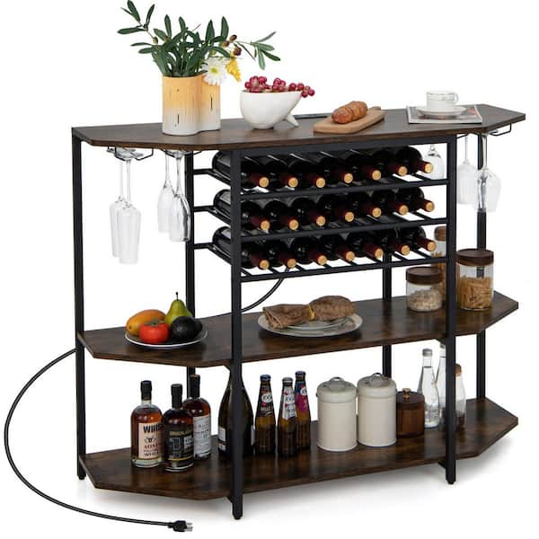 Industrial 21-Bottle Brown Freestanding Wine Rack with Storage Shelves