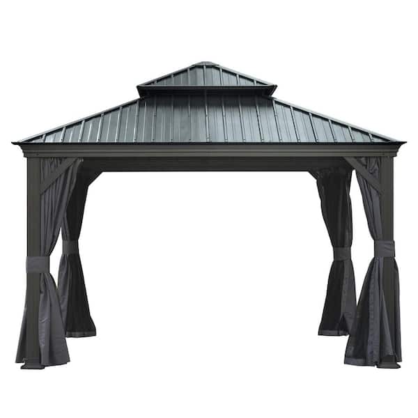 12 ft. x 12 ft. Outdoor Metal Hardtop Gazebo with Galvanized Steel Double Roof Canopy, Aluminum Frame Curtains, Netting