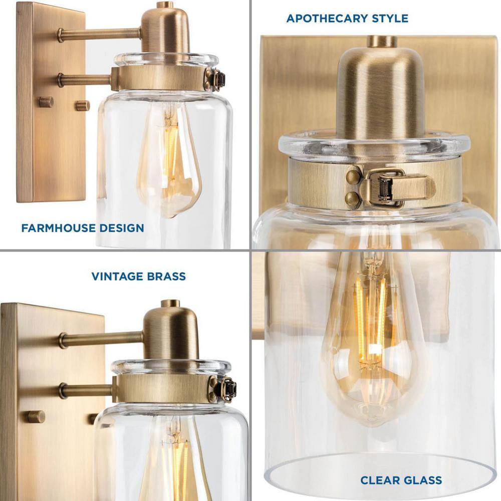 Vintage Brass and Clear Glass 1-Light Bath Vanity Light
