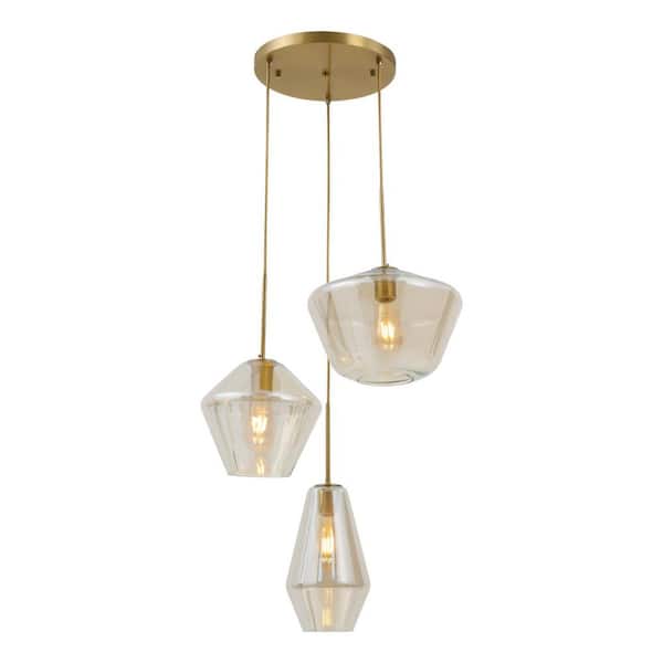 OUKANING 60-Watt 3-Light Champagne Gold Modern Paint Baking Shaded Pendant Light with Glass Shade, No Bulbs Included