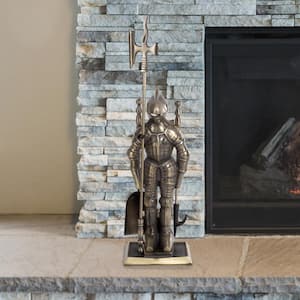 3-Piece Fireplace Tool Set and Medieval Knight Stand with Decorative Axe (Antique Brass)