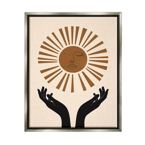 The Stupell Home Decor Collection Hands Holding Desert Sun with Face Linework by JJ Design House LLC Floater Frame Abstract Wall Art Print 31 in. x 25 in.