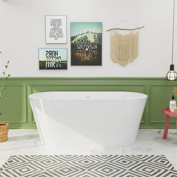 MYCASS 55 in. x 31 in. Freestanding Acrylic Soaking Flatbottom Bathtub Non-Whirlpool with Overflow and Drain in White