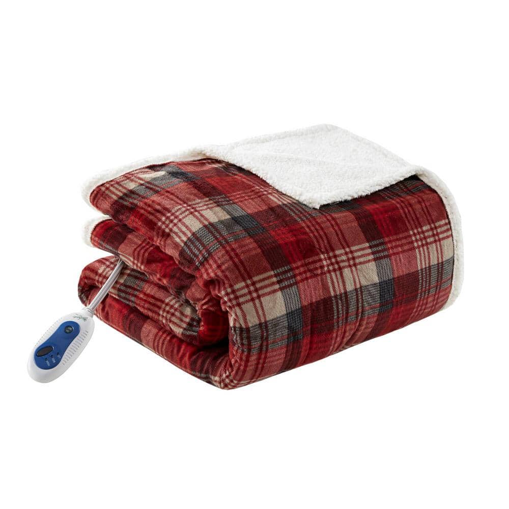 Red Plaid Oversized Electric Heated Throw with Plush Berber