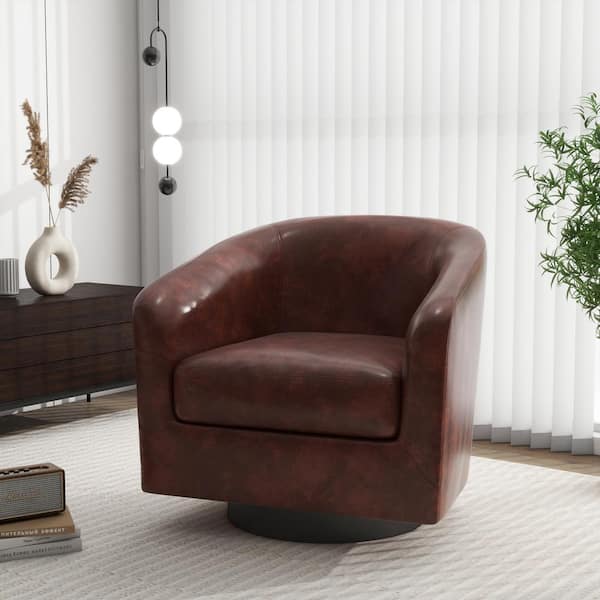 Uixe Red Brown PU Leather Upholstered 360° Swivel Arm Chair With Wood Base (Set of 1)