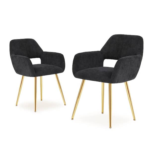 Hollow Backrest Fabric Seat Gold Metal Frame Outdoor Dining Chair with Black Cushion (2-Pack)