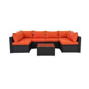 Black 7-Piece Wicker Outdoor Sectional Set Patio Sofa Set with Orange Cushions and Coffee Table