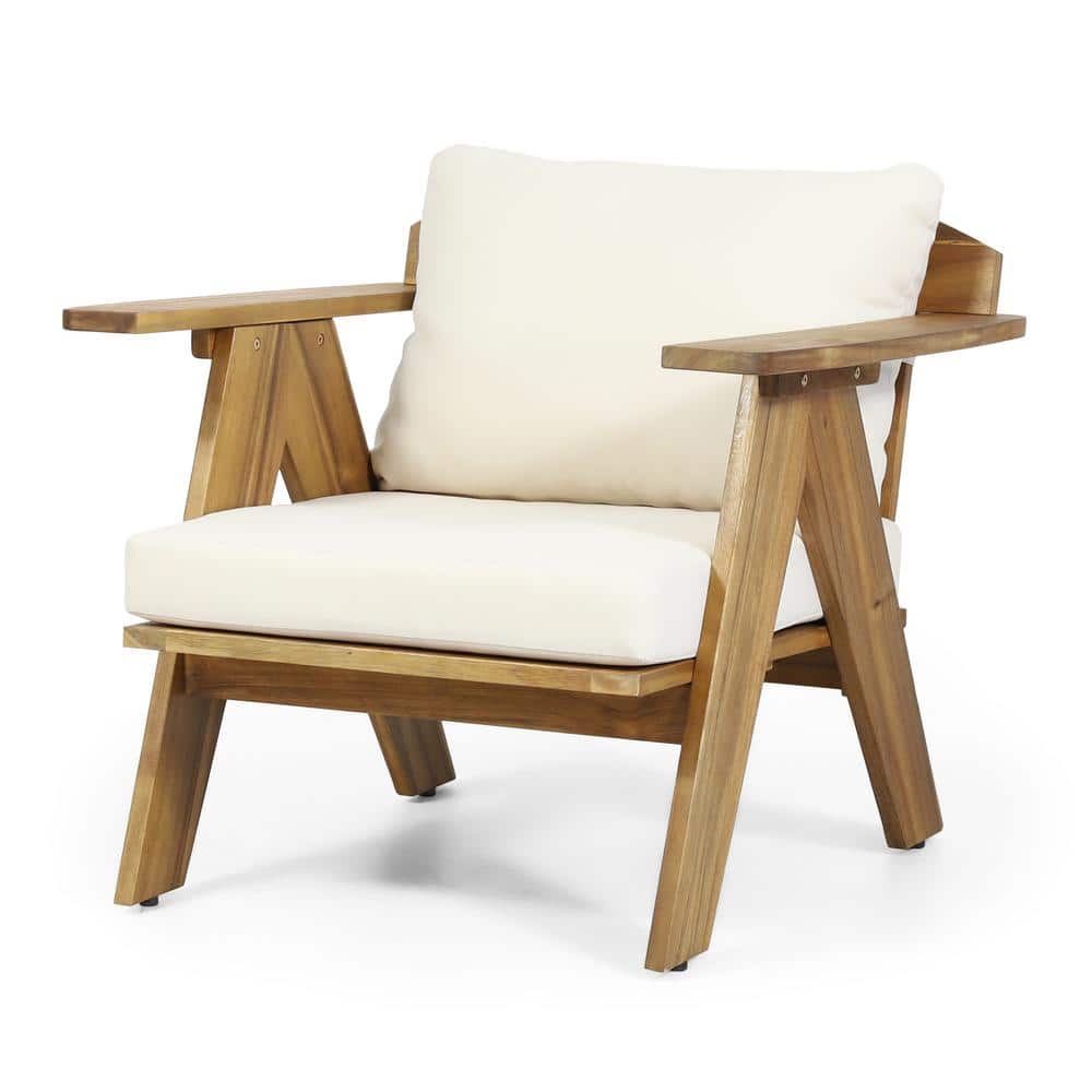 Teak and Beige Acacia Wood Outdoor Club Chairs with Cushions, Set of 2