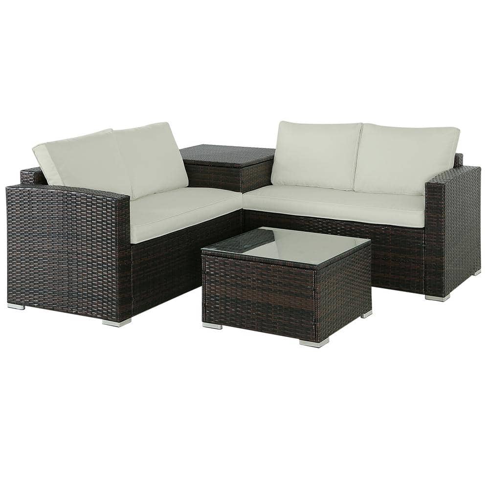 4-Piece Brown Wicker Outdoor Sectional Set, Rattan Outdoor Patio Set with B
