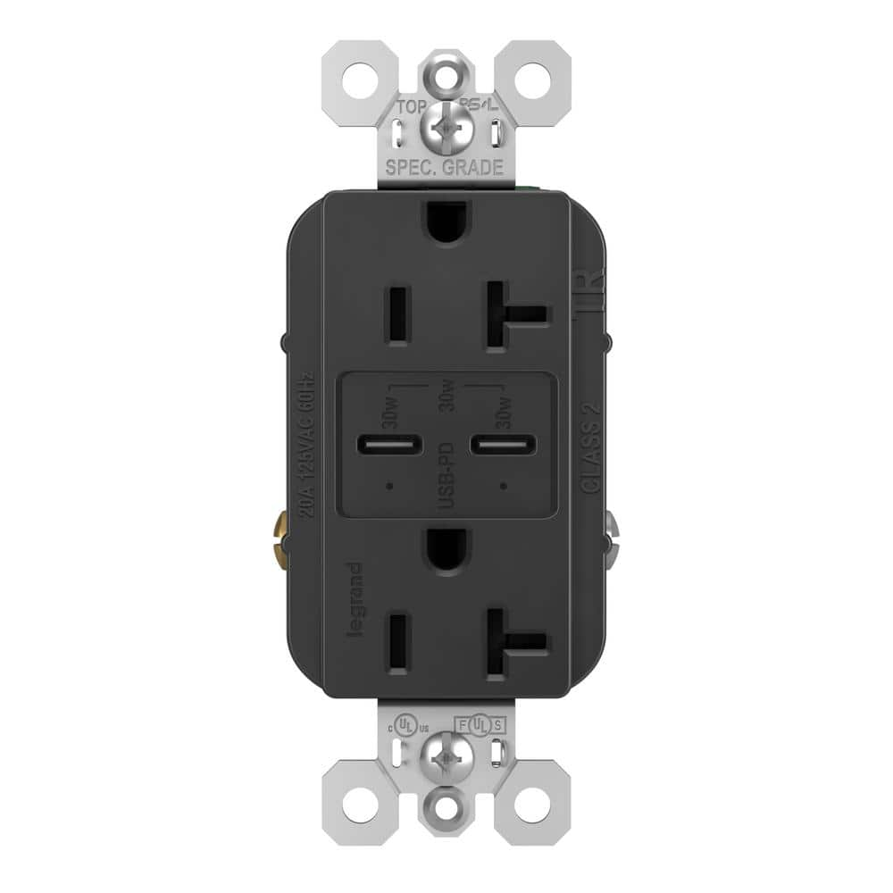 Legrand radiant 20 Amp 125-Volt Tamper-Resistant Duplex Outlet with Ultra-Fast PLUS Power Delivery USB C/C, Black