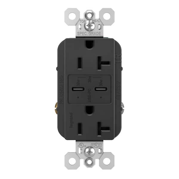 radiant 20 Amp 125-Volt Tamper-Resistant Duplex Outlet with Ultra-Fast PLUS Power Delivery USB C/C, Black