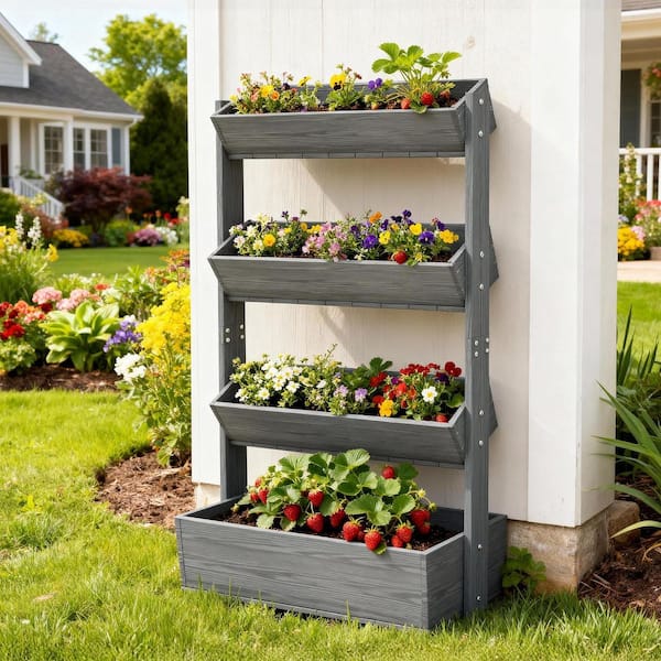 ABORON 4-Tier Vertical Wooden Raised Garden Bed Gray Garden