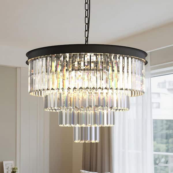 Emeritpro 56.7 in. 12 Light Matte Black Crystal Drum Chandelier