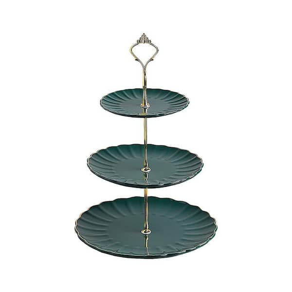 3-Tier Green Ceramic Cake Stand with Gold Trim, Scalloped Dessert Cupcake Stand for Wedding and Tea Party