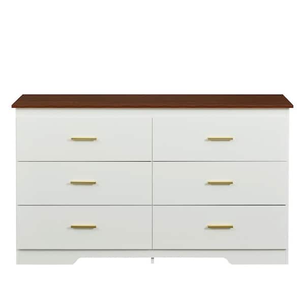 White and Brown Solid Storage Cabinet with Gold Handles: Drawer Dresser, Bar Cabinet, Buffet Server Console