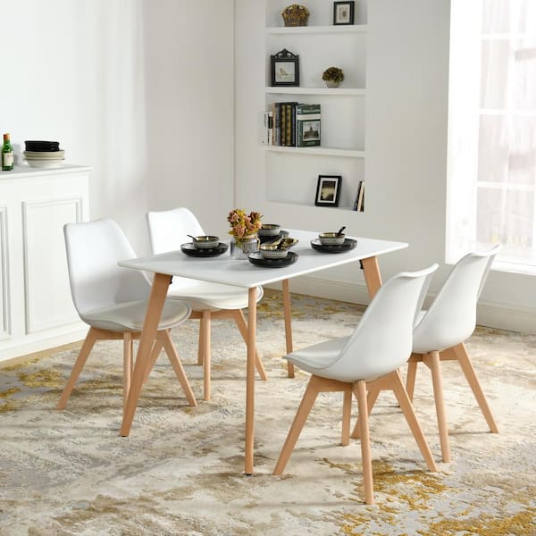 Homy Casa 43.3 in. White Rectangular MDF Table Top Solid Beech Wood Legs Dining Table(Seat 4)