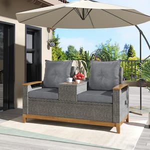 Gray PE Wicker Rattan Outdoor Patio Adjustable Backrest Loveseat, Armrest with Storage Space with Gray Cushions