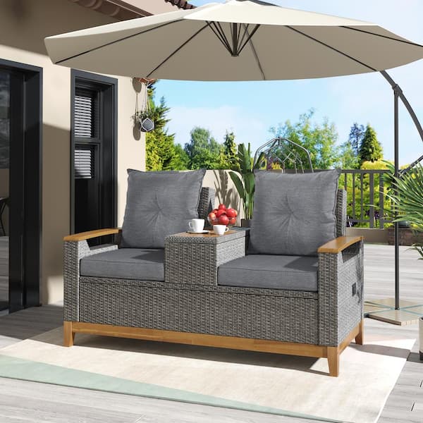 Anvil Gray PE Wicker Rattan Outdoor Patio Adjustable Backrest Loveseat, Armrest with Storage Space with Gray Cushions