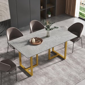 62.99 in. Rectangle Gray Modern and Minimalist Stone Top Dining Table with Gold Metal Frame (Seats 4-6）
