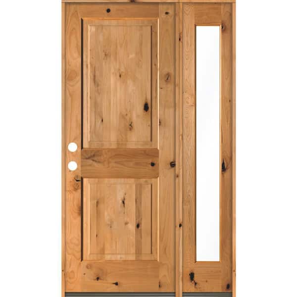 Krosswood Doors 46 in. x 80 in. Rustic knotty alder Right-Hand/Inswing Clear Glass Clear Stain Square Top Wood Prehung Front Door w/RFSL