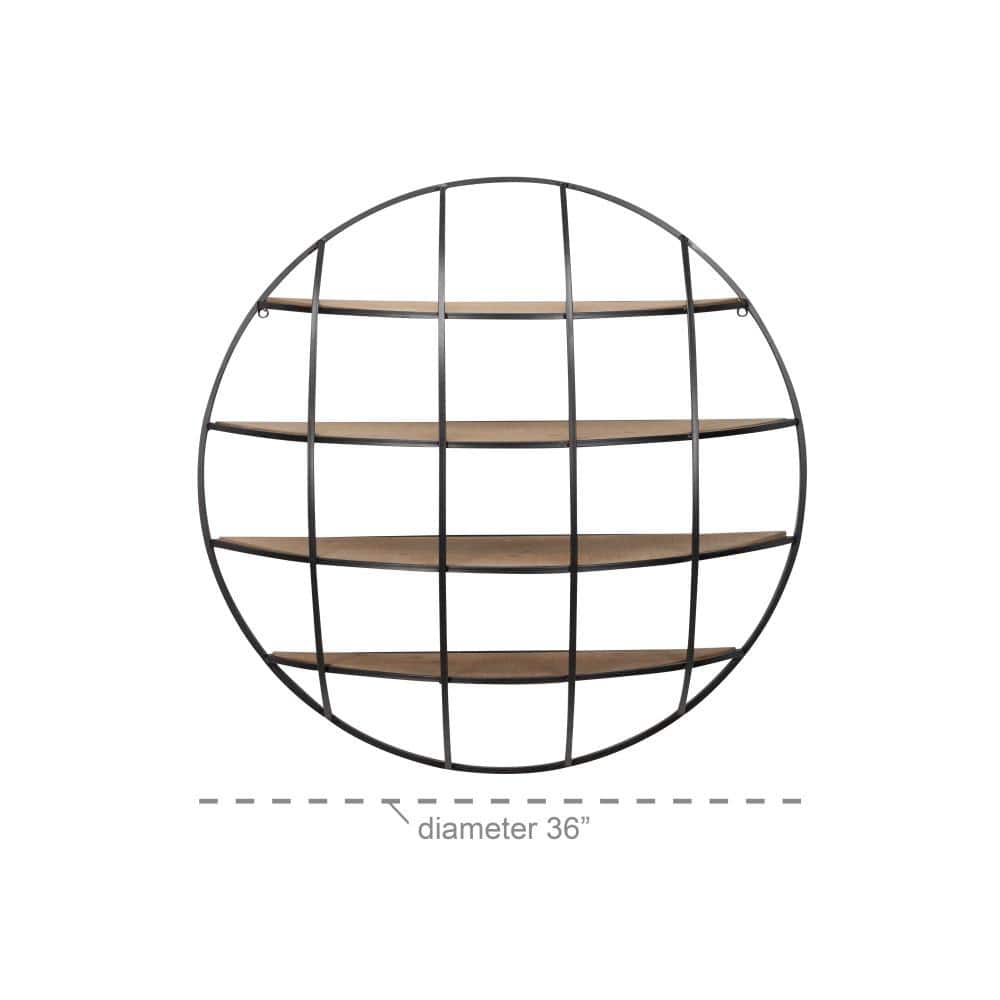 Rustic Iron and Wood 36" Geometric Round Floating Wall Shelf