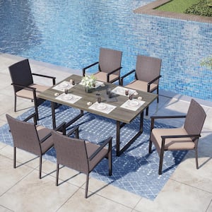 Black 7-Piece Metal Patio Outdoor Dining Set with U Shaped Rectangle Table and Rattan Chairs with Beige Cushion