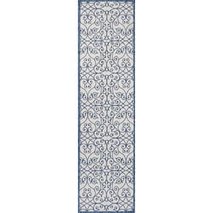 Madrid Vintage Filigree Textured Weave Cream/Blue 2 ft. x 10 ft. Indoor/Outdoor Area Rug