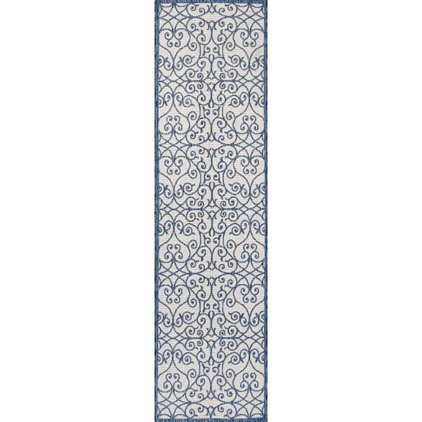 Madrid Vintage Filigree Textured Weave Cream/Blue 2 ft. x 10 ft. Indoor/Outdoor Area Rug