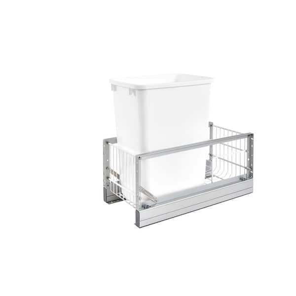 Rev-A-Shelf 19.25 in. H x 10.75 in. W x 21.94 in. D Single 35 Qt. Pull-Out Brushed Aluminum and White Waste Container