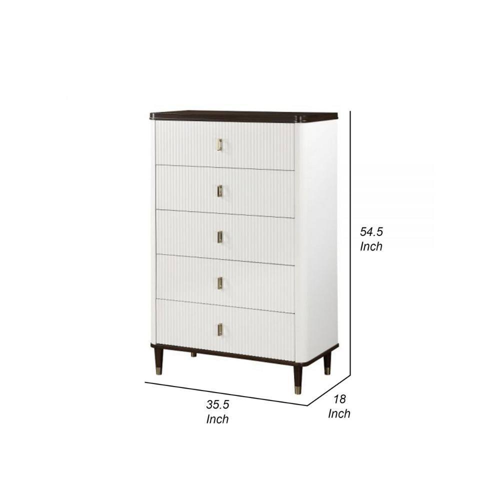 White and Brown Solid Wood Tall Dresser with Metal Accents