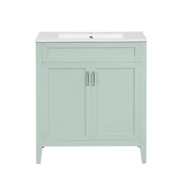 Ziyudura 30 in. Single Sink Freestanding Green Bath Vanity with White Ceramic Top, 2 Functional Drawers with Sildes