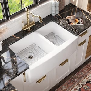 White Ceramic 33 in. L 40/60 Rectangular Double Bowl Farmhouse Apron Kitchen Sink with Sink Grid and Basket Strainer