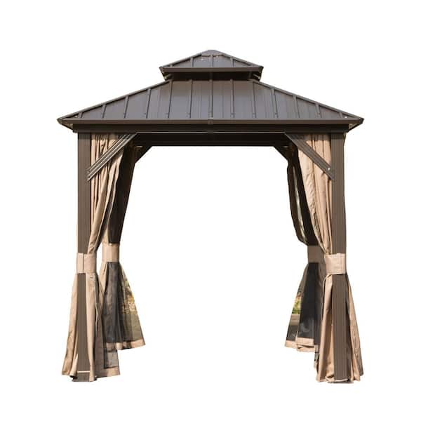 domi outdoor living 8 ft. W x 8 ft. D Hardtop Gazebo with Galvanized Steel Double Roof Netting and Curtains