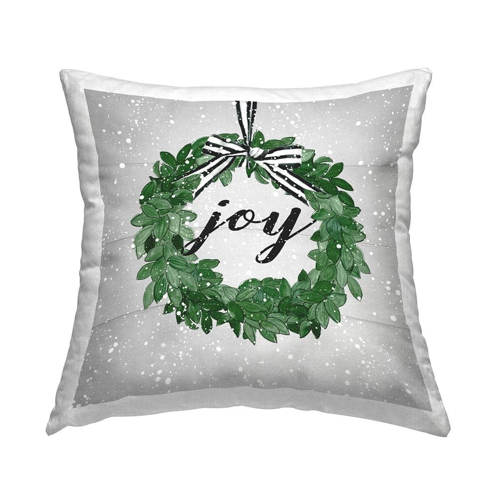 Joy Wreath Green and White Square Throw Pillow Set