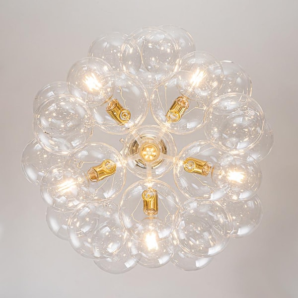 Alma 6-Light 24.8 in.W Gold and White Cluster Bubble Chandelier with Clear Glass and Leather, LED Bulbs Included