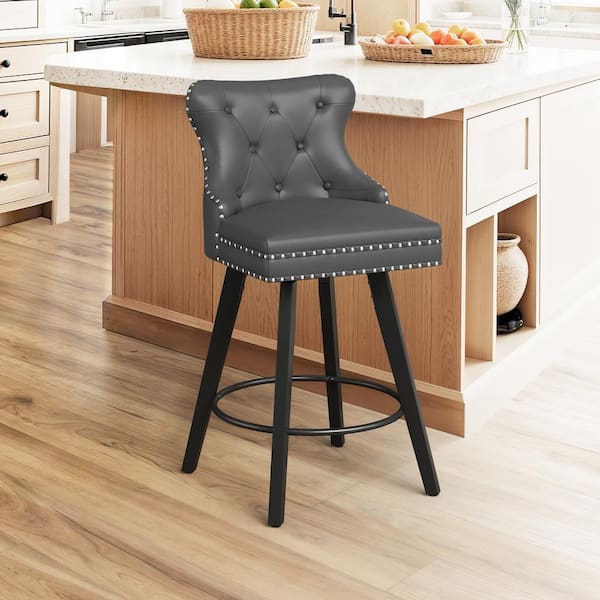 27 in. Counter Stool Dark Gray Faux Leather Upholstered Button Tufted Swivel Bar Stool with Solid Wood Frame