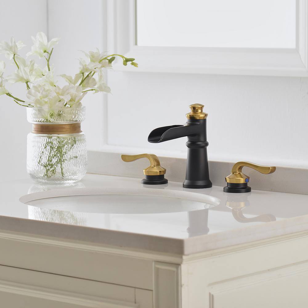 8-Inch Black and Gold Waterfall Widespread Bathroom Faucet