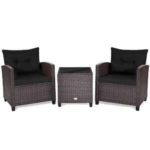 3-Piece Rattan Wicker Patio Conversation Set with Washable Black Cushions