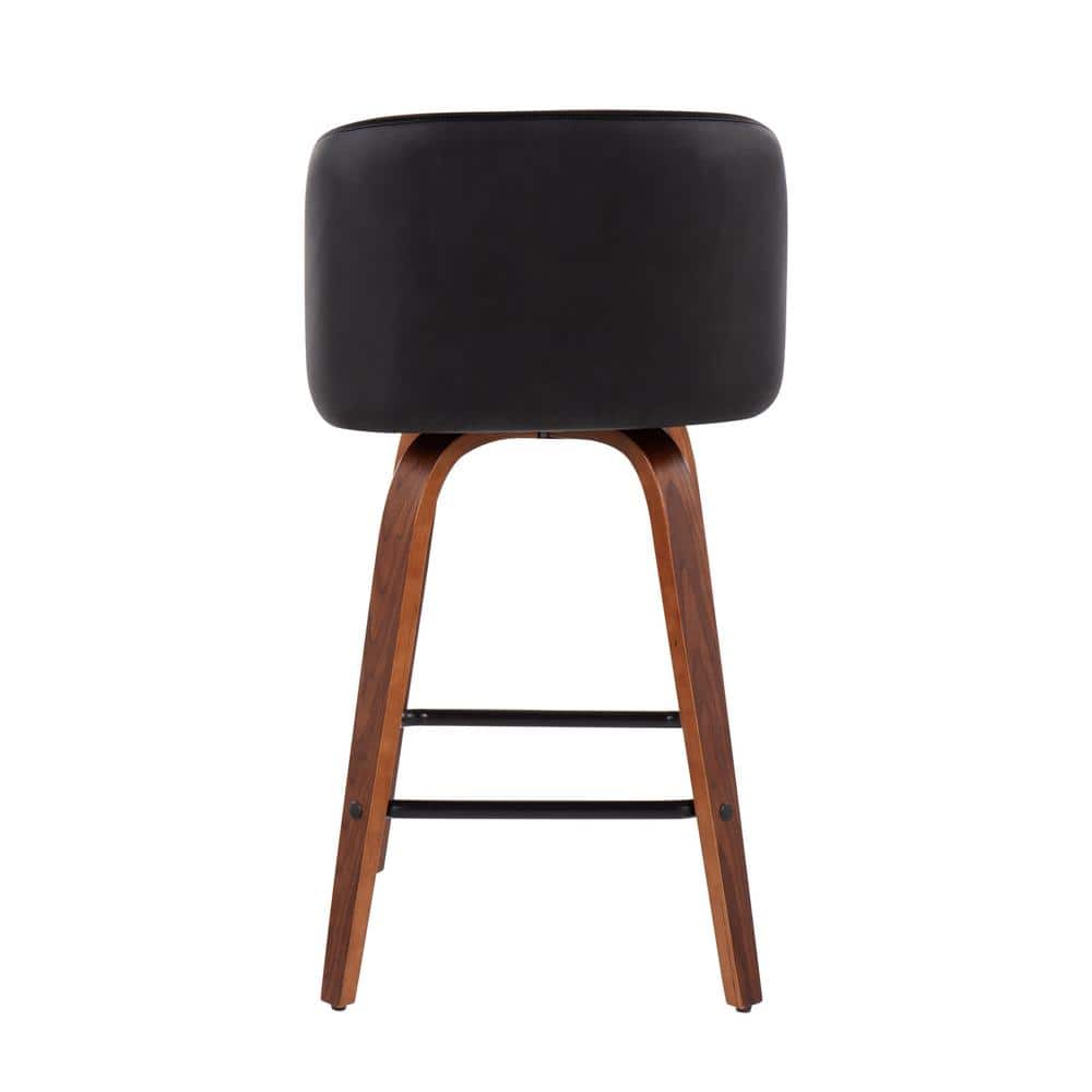 Set of 2 Black Faux Leather and Walnut Wood Swivel Barstools